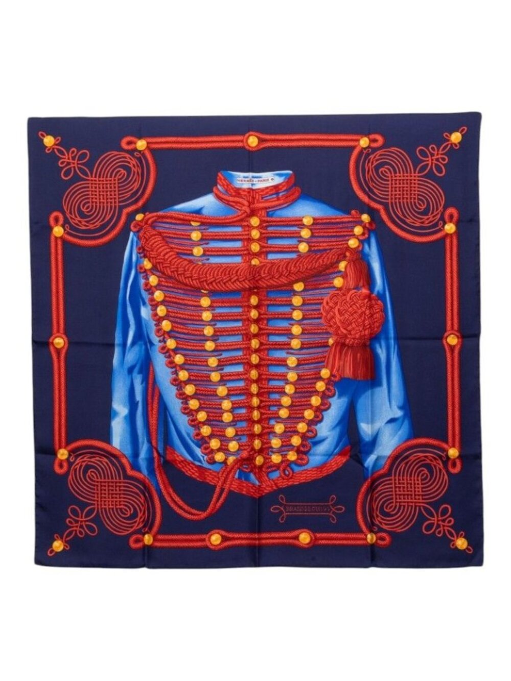 Hermes Carre 90 Brandebourgs Brandenburg Ornament Scarf Navy Red Multicolor Silk